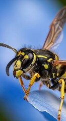 Detailed closeup of a yellowjacket wasp resting on a delicate blue petal creating a striking