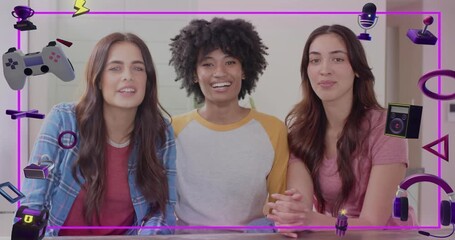 Three hosts laughing at off-camera cue, leaning in, magenta frame with icons for gaming segment - Powered by Adobe