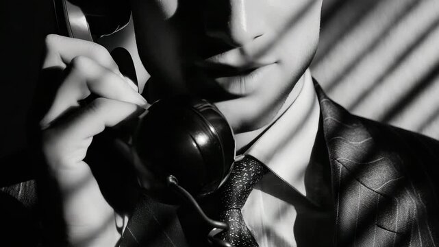 A man in a suit holds an old fashioned phone and talks, surrounded by shadows and light patterns in a dark space
