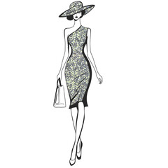 Illustration of Woman Wearing Hat and Dress