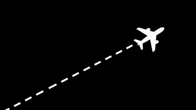White airplane icon flying diagonally with a dashed route line