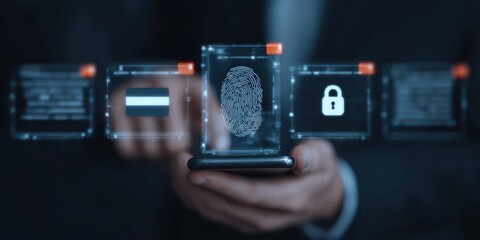 Visualization of online privacy: Silhouette of a person viewing a smartphone, a massive, transparent fingerprint overlaid on the scene, emphasizing personal data security