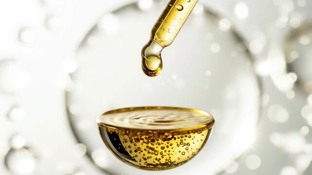 Golden elixir droplet descends into a clear sphere, science and luxury in motion. 4k high quality footage