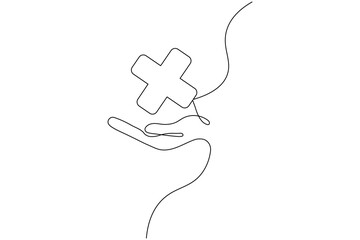 Healthcare cross with heart and heartbeat continuous one line outline vector
