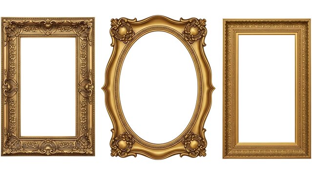Three antique golden picture frames, ornate and elegant, featuring baroque and rococo carving styles on a clean background, ideal for display.