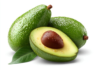 Fresh Ripe Avocados with Water Droplets and Green Leaf on White Background, Healthy Food