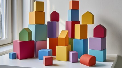 Obraz premium Colorful building blocks arranged neatly beside a white wall.