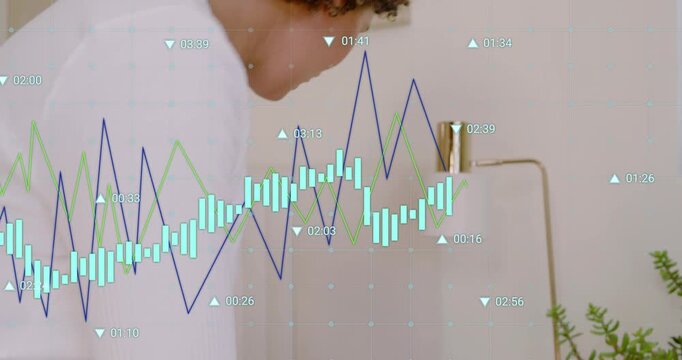 Woman entering moving bedside tucking blanket and teddy comforting child while health data hovering