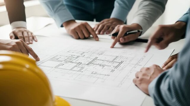 Professionals collaboratively planning project blueprints, pointing at architectural drawings in a bright, modern office setting. 4k high quality footage