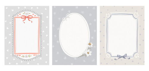 Set of whimsy frames with delicate watercolor chamomile, bows and hearts on delicate texture backgrounds. Cute collection of prints for your text, photo or design card. Hand drawn illustration.