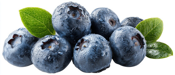 Scattered Fresh Blueberries with Water Droplets and Green Leaves on White Background