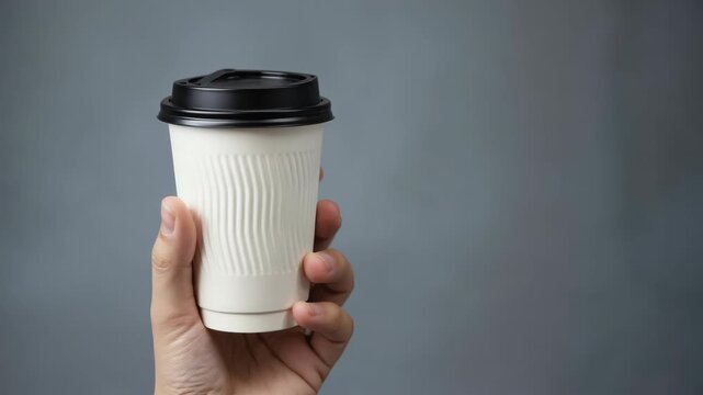 A person's hand grasping a takeout coffee cup.