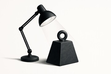 office syndrome concept, Black desk lamp shining light on heavy weight on white background