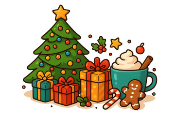 Obraz premium Christmas decorated tree with presents, a warm mug of hot chocolate, gingerbread man, and holly berries