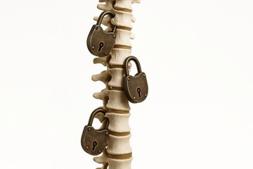 office syndrome concept, Human spine with padlocks symbolizing restricted movement and spinal health