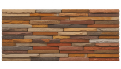 Stacked rough cut stone wall facade with earthy tones and varied textures isolated on a transparent background