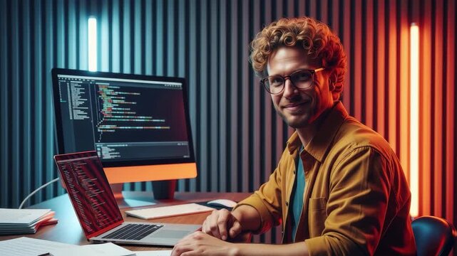 Smiling programmer coding on laptop and desktop in modern office with vibrant neon lighting 4k high quality footage