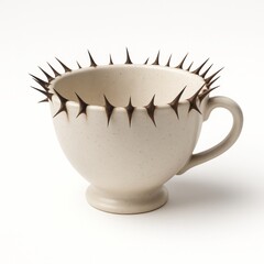 office syndrome concept, Ceramic cup with sharp thorns around rim on white background