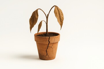 office syndrome concept, Dying plant with cracked pot on white background representing neglect