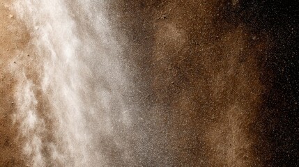 Fine brown dust powder particles exploding and spreading in the air, creating a dramatic, gritty abstract texture background.