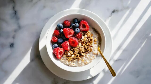 A bowl filled with cereal and berries on a marble countertop, bathed in sunlight