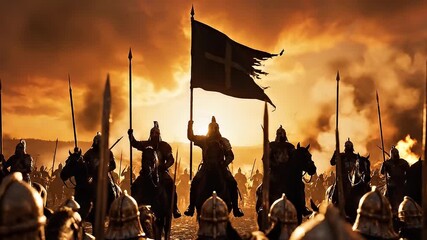 Epic cinematic scene depicting a massive medieval cavalry charge under a dramatic fiery sunset with soldiers holding spears and a tattered banner aloft