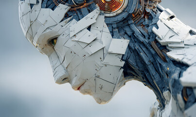 A polygonal human face. A 3D illustration depicting the construction of a cyborg head. Concept of artificial intelligence.