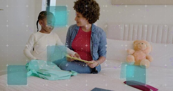 Mom handing red folder child packing folders into mint bag for school overlays appearing over scene