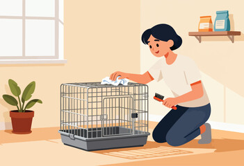 A person kneels, cleaning a pet crate with a cloth and brush, with a plant and pet supplies visible