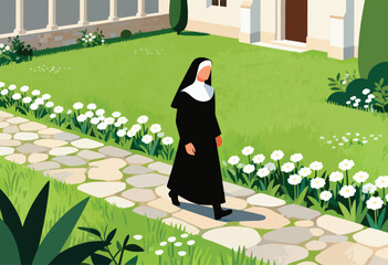 A nun in black walks a stone path through a garden, past flowers and buildings