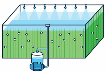 An illustration depicts a tank-like structure with a water pump system, internal vegetation, and overhead sprayers