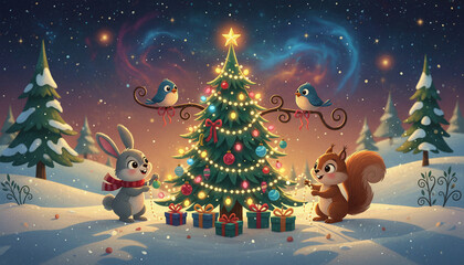Magical Christmas forest scene with cute animals decorating a glowing holiday tree under a starry winter sky.