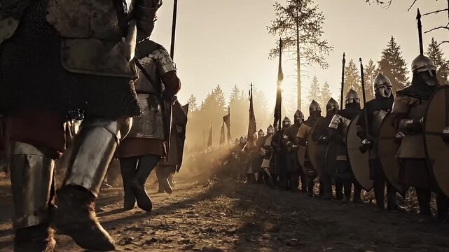 Medieval warriors in full armor prepare for battle on a dusty field against a bright sunlit forest backdrop