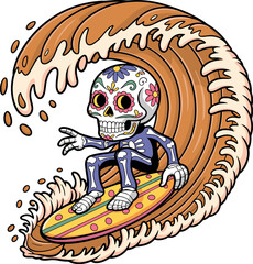 Day of the Dead Sugar Skull Skeleton Surfing on Big Wave Vector