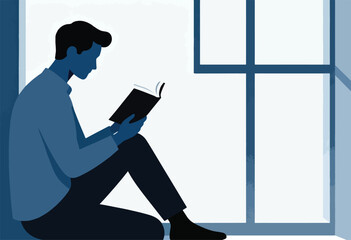 A silhouette figure reads a book by a window, bathed in cool blues, with simple linework