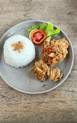 rice with crispy fried chicken and chili