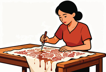 A woman crafts a floral pattern on fabric with a brush, creating drips of liquid dye on a wooden table