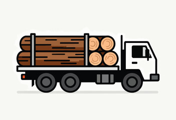 A flatbed truck, illustrated, carries a load of logs. Design style is minimalistic. White cab, brown timber
