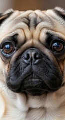Detailed portrait captures the soulful gaze of a pug, emphasizing its expressive face