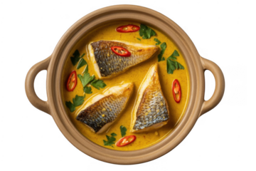 Three pieces of cooked fish in yellow curry sauce with chili slices and parsley garnish in a clay pot isolated on a transparent background