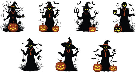 Halloween witch, spooky silhouette, black robe, pointed hat, glowing eyes, bats, jack-o'-lantern, creepy forest, festive icons, scary theme, magic staff, crescent moon, trident, cross, pumpkin,  © Habiba