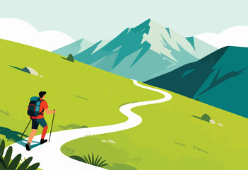 A hiker ascends a winding path up a green hillside towards towering mountains under a sunny sky