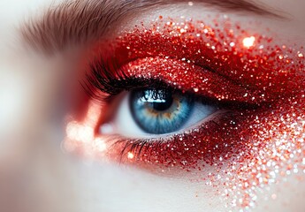 Macro shot of a striking blue eye surrounded by thick red glitter eyeshadow with shimmering particles