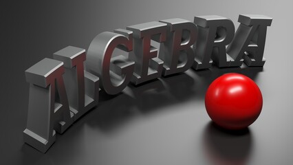 ALGEBRA metallic write on black glossy surface, with red ball - 3d rendering illustration