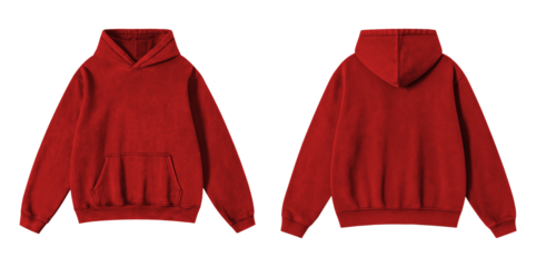 Blank Washed Red Hoodie Front and Back View Isolated on Transparent Background for Mockup