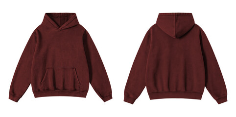Blank Washed Maroon Hoodie Front and Back View Isolated on Transparent Background for Mockup © Drip