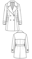 Detailed Technical Sketch of a Double-Breasted Trench Coat for Fashion Design Illustration