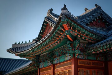 Fototapeta premium Traditional Asian architecture featuring ornate roof details, vibrant colors, intricate carvings, and historical significance, showcasing the beauty of cultural heritage and craftsmanship in design