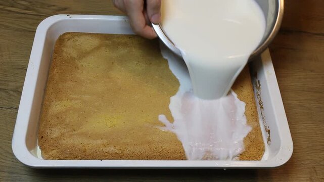 preparation Tres leches cake, pan tres leches, a sponge cake soaked in three kinds of milk, evaporated, condensed and whole milk 