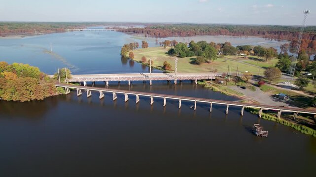Aerial video of Caddo Lake Historic Drawbridge on the Louisiana side. Camera approaches the drawbridge from a medium height.